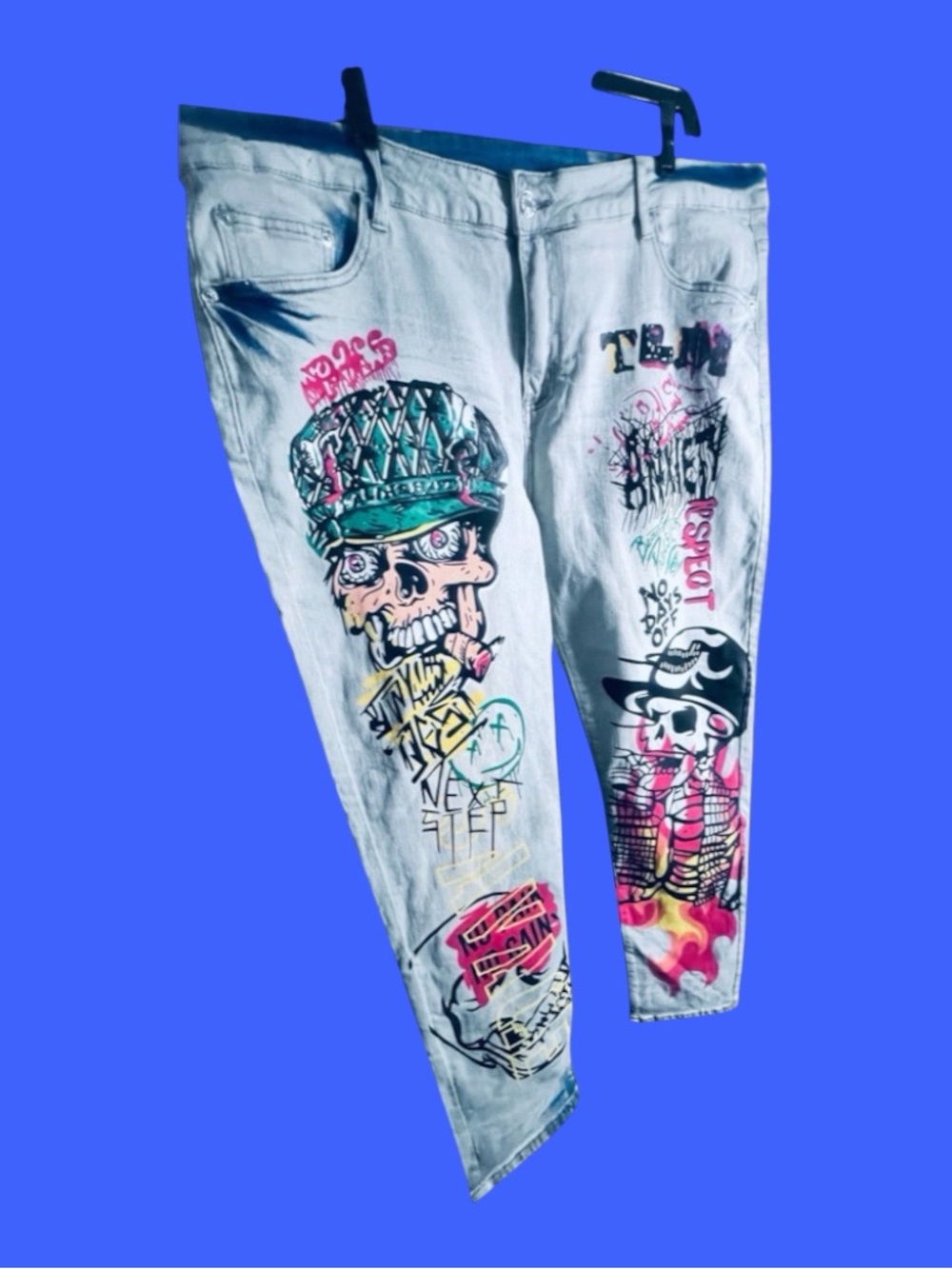 Y2K Graffiti Skull Skeleton Graphic Jeans Size 40 Punk Grunge Streetwear